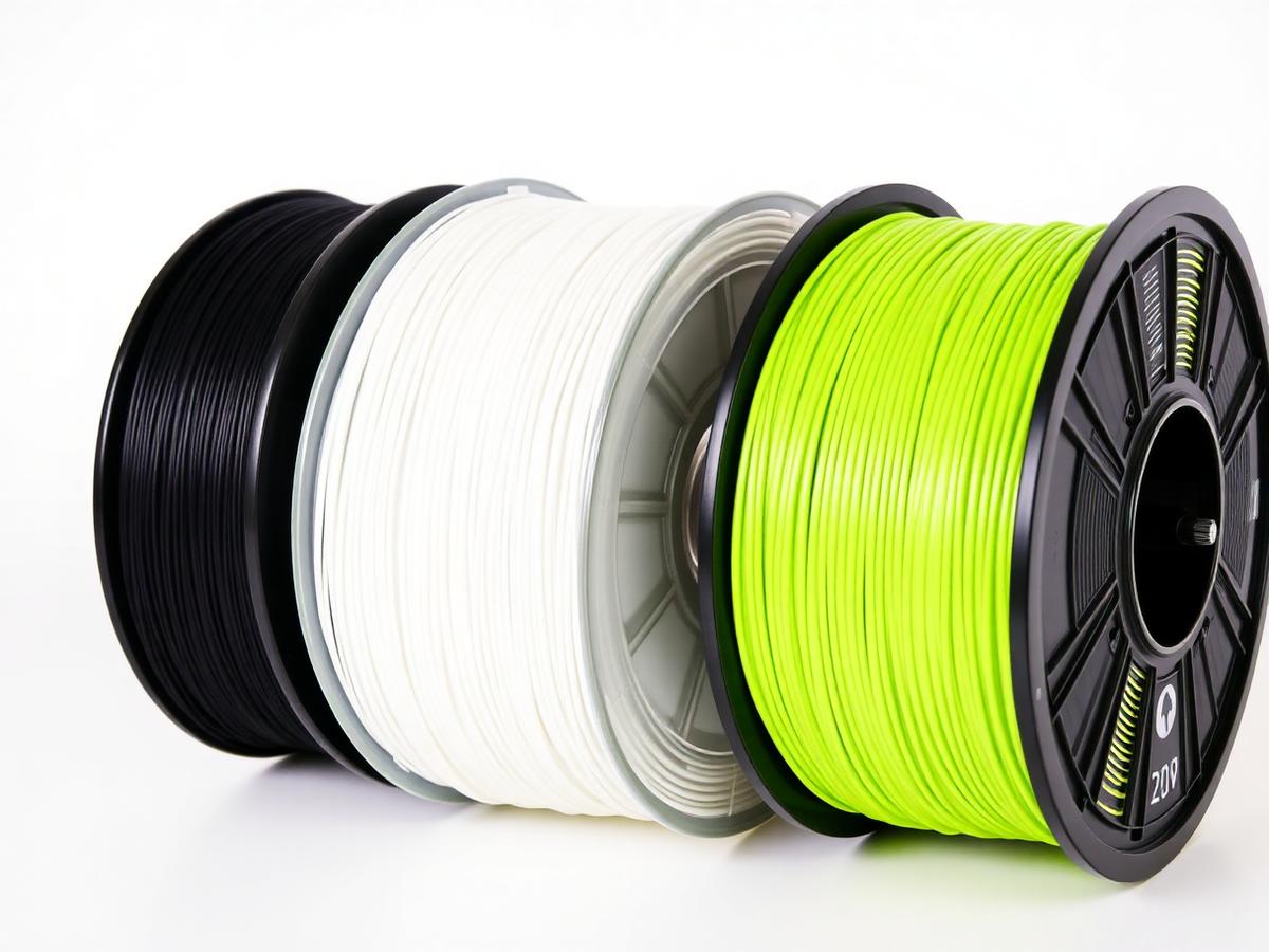 Rolos de filamento preto, branco e verde limão